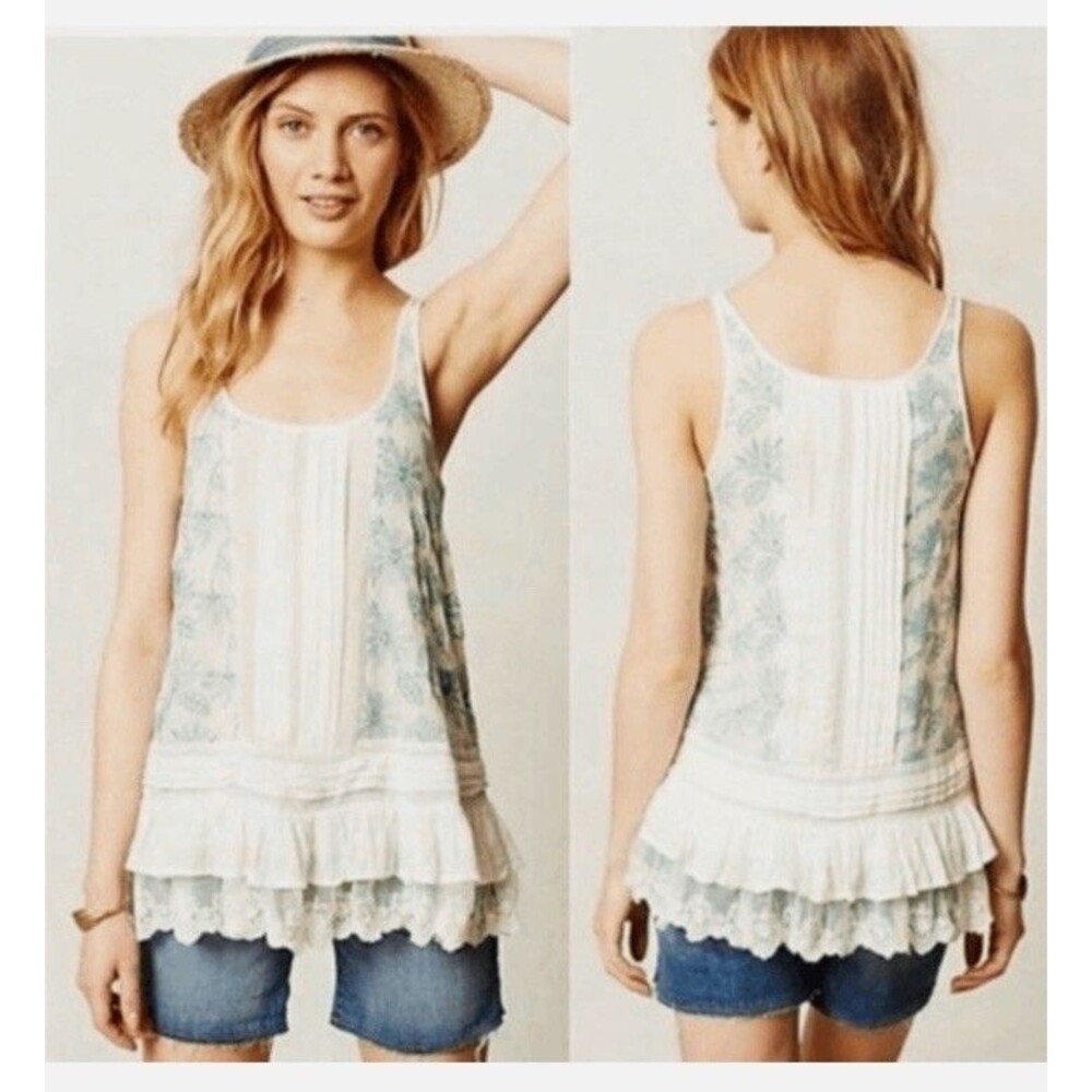 LILKA Anthropologie White Embroidered Sleeveless Tunic Top Lace Ruffle Hem Small